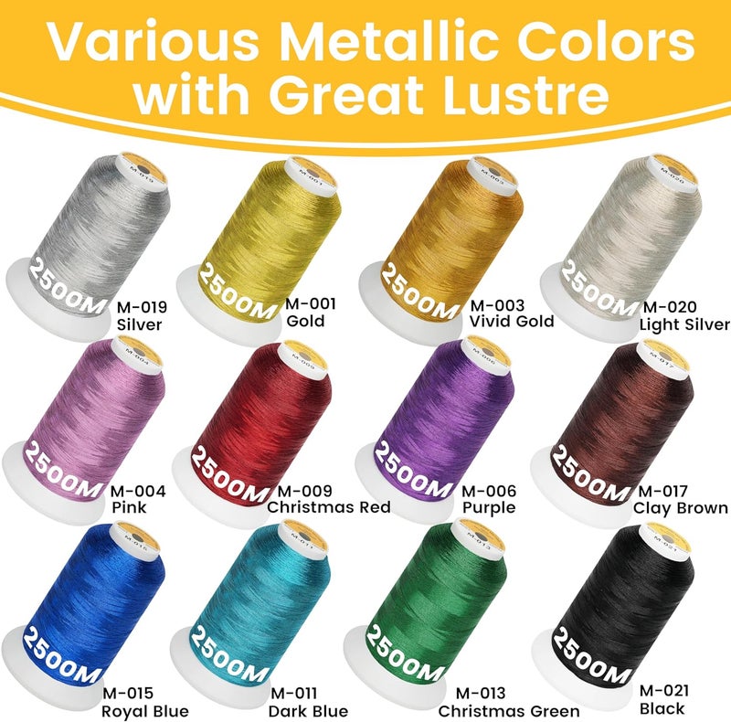 New brothread 12 Assorted Colors Metallic Embroidery Machine Thread Kit 2500M (2735Y) Each Spool for Commercial and Domestic Embroidery Machines - Image 3